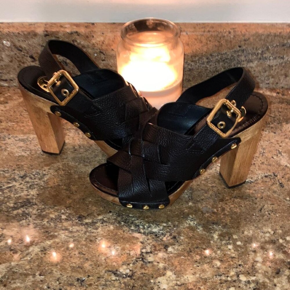 Tory Burch studded leather  "Jodie" wooden block platform heels worn 1x in  sz 7